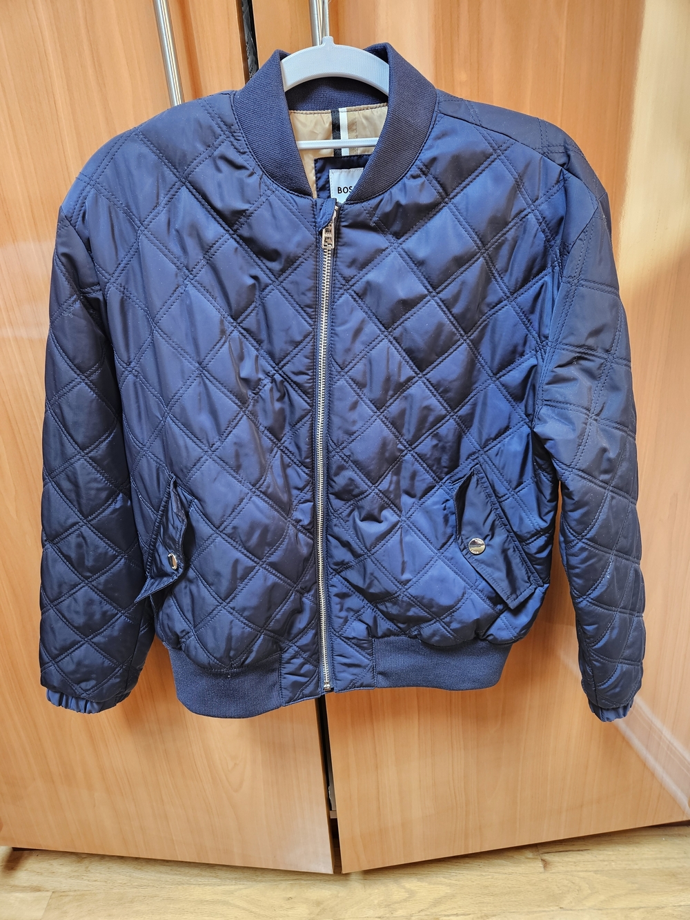 Boss Navy Blue Quilted Bomber Jacket with Cream Lining